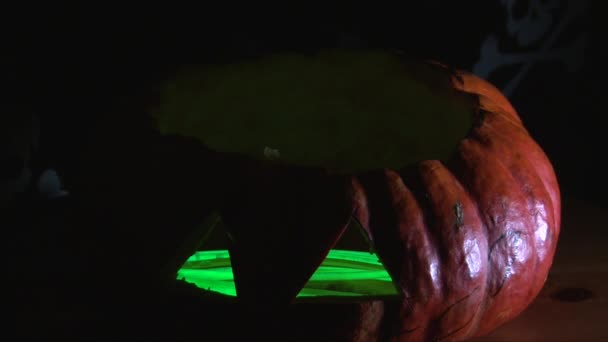 Goutte bâtons verts lumineux dans la citrouille d'Halloween, séquence — Video