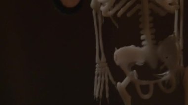 İskelet karanlık bir arka plan üzerinde asılı dikey pan