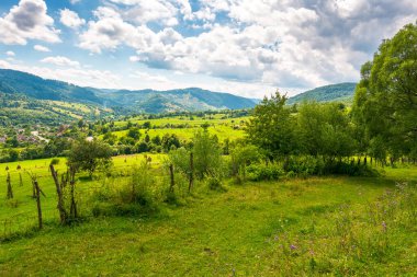 Yazın Ukrayna 'nın yuvarlanan tepelerindeki kırsal alanlar. Transcarpathia 'nın geniş açılı kırsal manzarası ve noktalı ışıkta çit var. Vadinin aşağısındaki Uzhok köyü. Karpatlar 'da yavaş yaşamak