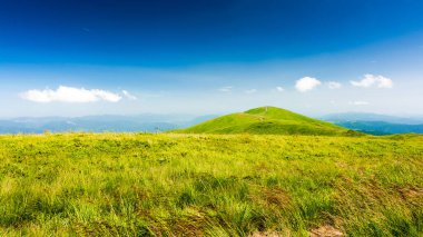 Yazın yeşil çayırları olan dağlık dağ manzarası. Güneşli bir günde uzak vadinin manzarası. Mavi gökyüzünün altındaki yuvarlanan tepelerde yemyeşil çimlerin olduğu güzel bir manzara. Ukrayna 'nın Karpat Alpleri