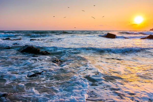 Deniz sahilinde güzel bir gün doğumu. Kumlu kumlu sahil. Yaz tatili geçmişi. Güneş ufukta belirdi. Sabah ışığında turuncu gökyüzü altında sakin dalgalar. Bulgaria 'dan en iyi anılar için inanılmaz deniz manzarası