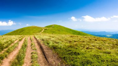 Dağ manzarasında bir patika. Yaz aylarında gezgin şehvetinin alp izleri. Mavi gökyüzünün altında yeşil Karpat Alpleri 'ne tırmanmak. Güneşli bir günde güzel bir macera geçmişi