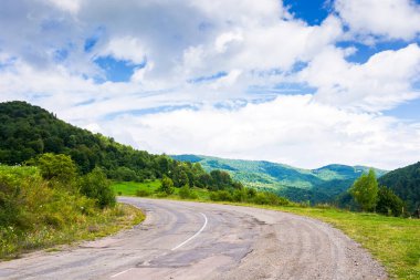 Ormanda asfalt yol boş. Karpat Dağları 'ndaki eski otoyolda bulutlu bir gökyüzünde. Arabayla yolculuk için yazın Uzanian geçidi. Kırsal manzara