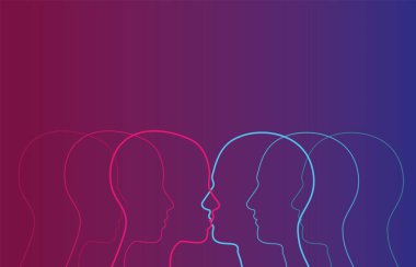 Dynamic gradient line art of two profiles leaning in for a kiss, minimal modern illustration in pink, blue and purple with generous copy space for banners and backgrounds