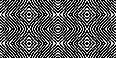 Abstract optical art pattern creating a hypnotic visual illusion with undulating black and white lines forming rhombuses and waves, offering a mesmerizing background