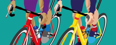 İki profesyonel bisikletçi, renkli üniformalı kırmızı ve sarı yol bisikletlerinde yakın rekabet içinde, hız, dayanıklılık ve sporu canlı bir vektör çiziminde gösteriyorlar.