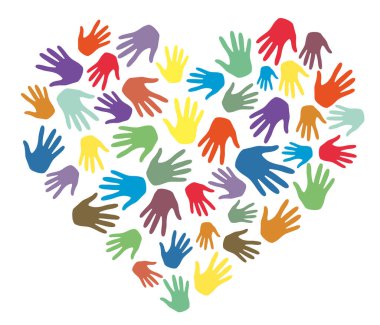 Kalp şeklindeki avuç içleri renkli. Aşk, takım, arkadaşlık, yardım, gönüllü olmak, yardım, toplum desteği ve sosyal yardım kavramı