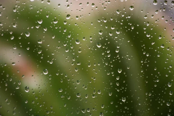 Regentropfen Auf Fensterglas Grünen Baumhintergrund Regenwetter Konzept — Stockfoto