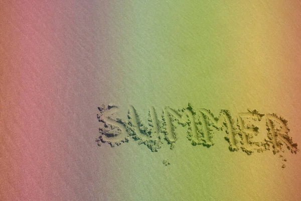 Sommer Wort Sandstrand Textur Natursandhintergrund Für Design Nahaufnahmen Mit Kopierraum — Stockfoto