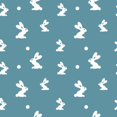 Tavşan, paketleme, paketleme ve yazı stili için kusursuz mavi desen. Paskalya geçmişi. Komik tavşan figürlü ve çocuklar için daireler çizen parlak bir tatil dokusu.