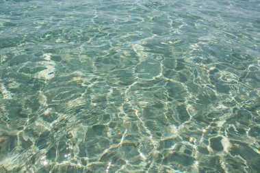 Mavi deniz suyu arka planda dalgalanır, dalgalar ve parlar. Falasarna plajı, Girit Adası simgesi, Yunanistan