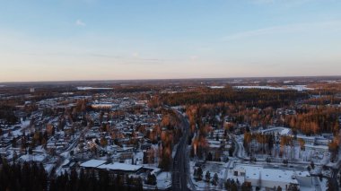 Ağaçlı, karlı bir kış manzarasının hava görüntüsü.