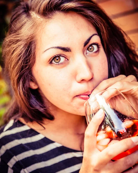 Girl Drinking Alcohol at the Aperitif — Stock Photo, Image