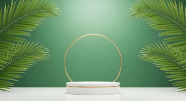 Ürün sunumu için soyut geometrik desenli yeşil zemin üzerinde yeşil yaprakları ve palmiye dalları olan boş beyaz ahşap podyum.