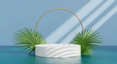 Podyumda mavi arka planda beyaz palmiye yaprakları var. Yaz ve bahar sahnesi.
