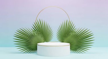 3 boyutlu palmiye yaprağı ve pembe arka planda podyum. 3d illüstrasyon.