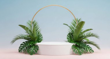 3D görüntüleme, soyut minimum arkaplan. Ürün sunumu için podyum. Tropik bitki, palmiye yaprağı, asgari, kaide veya güzellik.