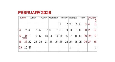 Şubat 'ta 202 yıllık takvim planlayıcısı. Beyaz arkaplanda vektör illüstrasyonu