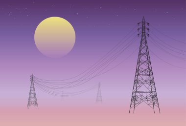 Geceleri elektrik direklerinin ve ayın silueti. teknoloji arkaplanı