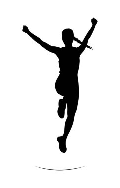 Neşeli genç bayan koşucunun siluetleri bitiş çizgisine atlıyor.