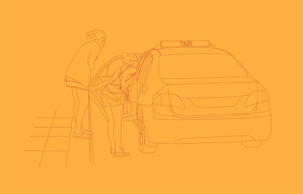 Desenho Arte Linha Passageiros Femininos Jovens Dizem Destino Motorista Táxi —  Vetores de Stock