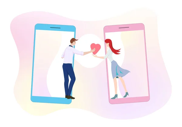 Young Man Flirting Beautiful Woman Smartphone — Stock Vector