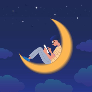 Genç adam internette sörf yapmak ve gece hilal ayında online alışveriş yapmak için tablet kullanıyor. İnternet Bağımlılığı Bozukluğu Konsepti