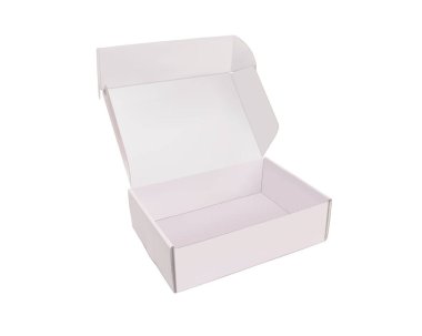 Açılan paketleme kutusu izole edilmiş beyaz arkaplan