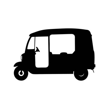 Tuk-tuk aracının siyah-beyaz siluet vektör çizimi, bu bir siyah-beyaz siluet vektör çizimi, birçok ülkede yaygın olarak kullanılan bir tuk-tuk aracının