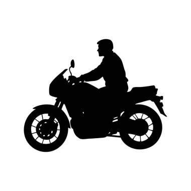Motosiklet siluetinin üzerindeki maceraperest sürücü, motosiklet süren bir motosikletlinin dinamik silueti, çeşitli tasarım ihtiyaçları için mükemmel.