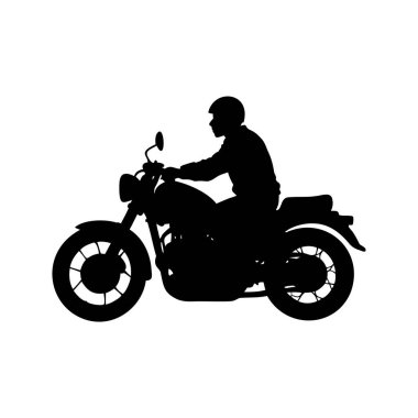 Motosikletli bir siluet vektör illüstrasyonuna binen motosikletli bir motosikletlinin siyah-beyaz çizimi.