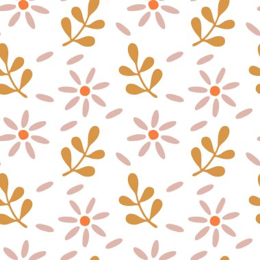 Basit papatyalar ve beyaz arka planda yumuşak renklerde şekillendirilmiş dallar içeren minimalist, pürüzsüz bir çiçek deseni..