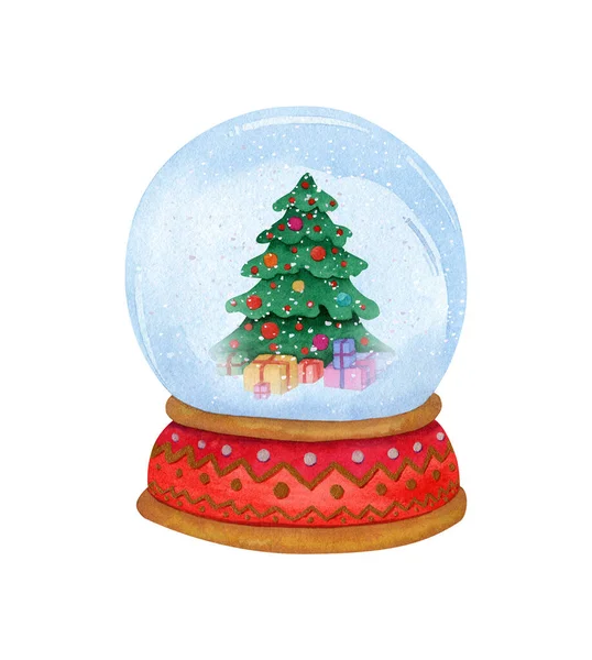 Watercolor Illustration Red Snow Globe Christmas Tree Cards Decor Gift — Stock Photo, Image