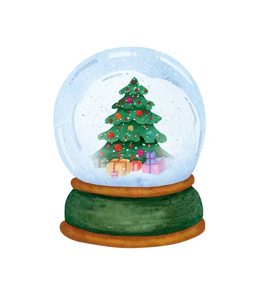 Ilustración Acuarela Bola Nieve Verde Con Árbol Navidad Para Tarjetas —  Fotos de Stock