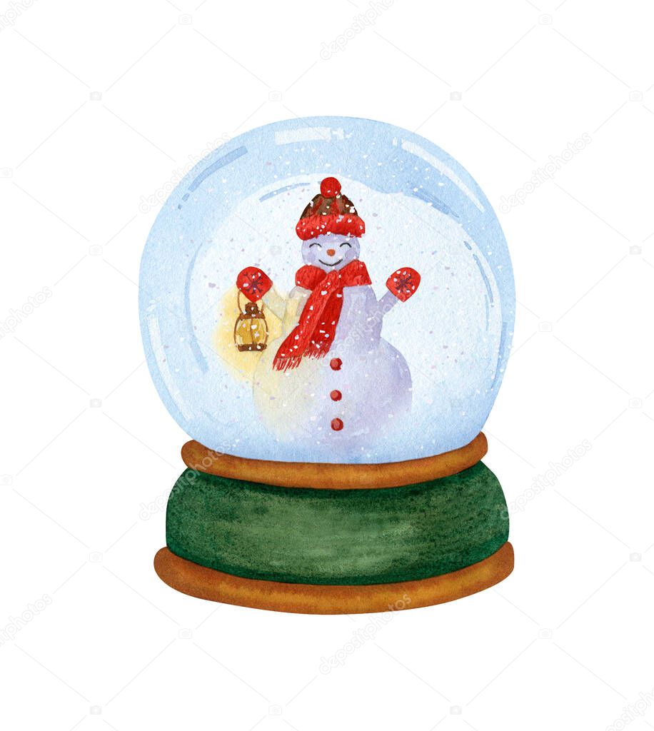 Watercolor illustration of green snow globe with snowman  for cards, decor,gift, souvenirs