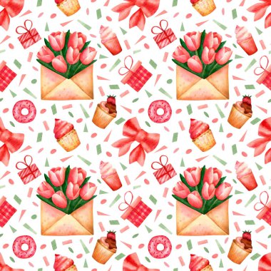 Zarfla, çiçeklerle, lalelerle, hediye kutularıyla ve sevgililer günü dekoru, kumaş, ambalaj kağıdıyla kusursuz suluboya deseni.