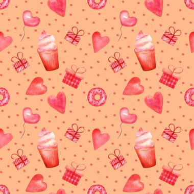 Hediye kutuları, kalpler, balonlar, pastalar ve Sevgililer Günü dekorasyonu için konfeti içeren kusursuz suluboya şeftali deseni, kumaş, ambalaj kağıdı
