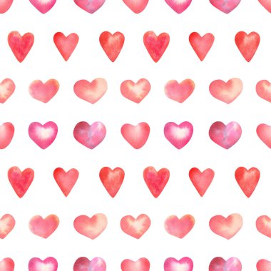 Sevgililer günü için pembe ve kırmızı kalpleri olan kusursuz suluboya deseni ve çocuk dekoru, kumaş, ambalaj kağıdı.