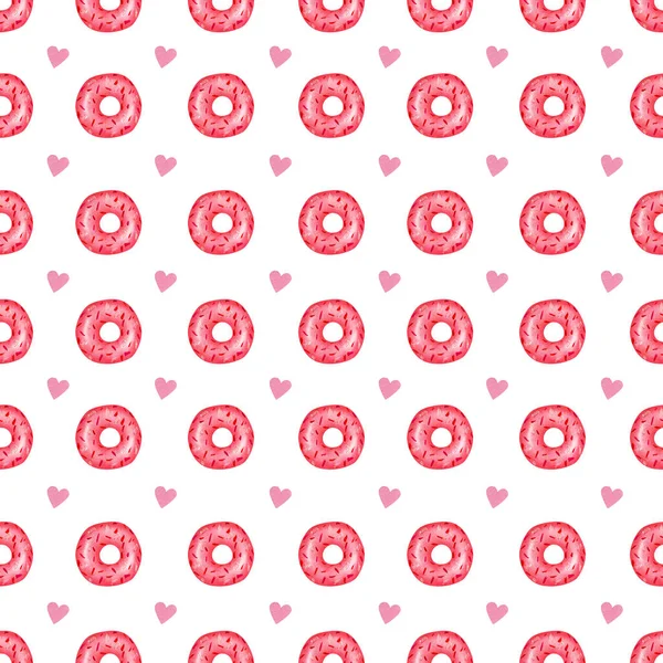 Patrón Acuarela Sin Costuras Con Rosquillas Corazones Rosados Para Día — Foto de Stock