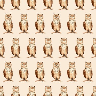 Kahverengi baykuşlarla kusursuz suluboya desenleri. Tekstil, dekor, hediyelik eşya için çocuk resimleri.