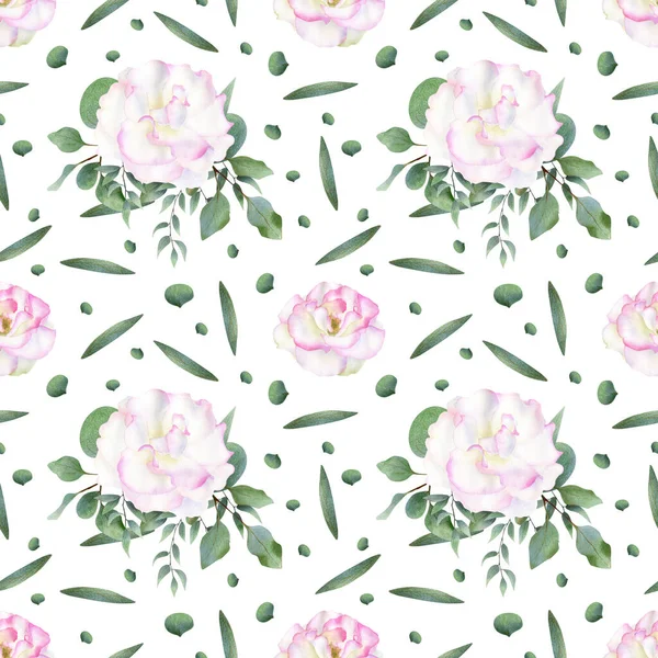 Pembe, beyaz güller ve okaliptüs yapraklarıyla kusursuz suluboya desenli. Tekstil ve düğün dekorasyonu için botanik çizimi