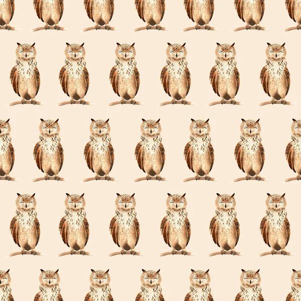 Kahverengi baykuşlarla kusursuz suluboya desenleri. Tekstil, dekor, hediyelik eşya için çocuk resimleri.
