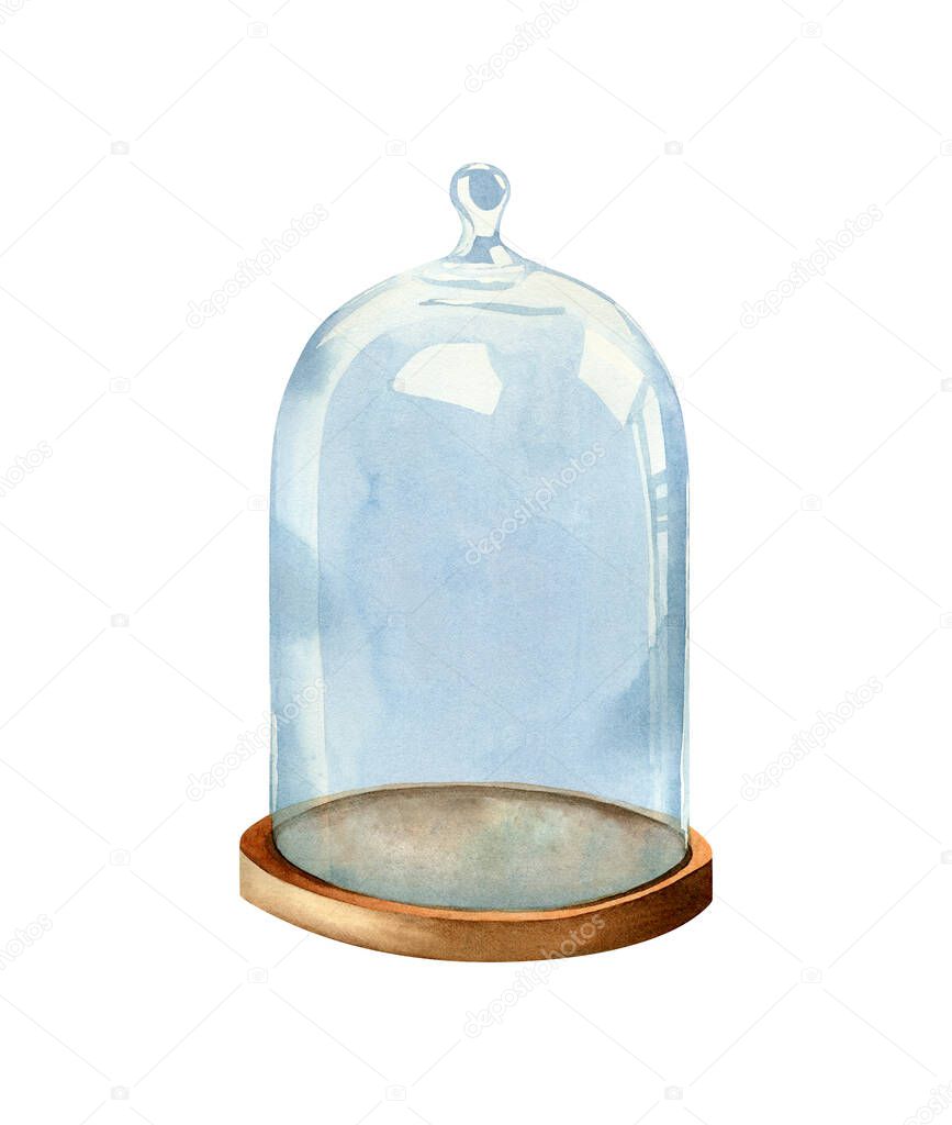 Glass bell. Watercolor illustration with glass cover for flowers and decor design template