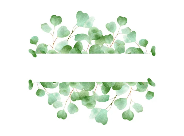 Aquarellrahmen Mit Eukalyptusblättern Florale Horizontale Banner Illustration Mit Grünem Blatt — Stockfoto