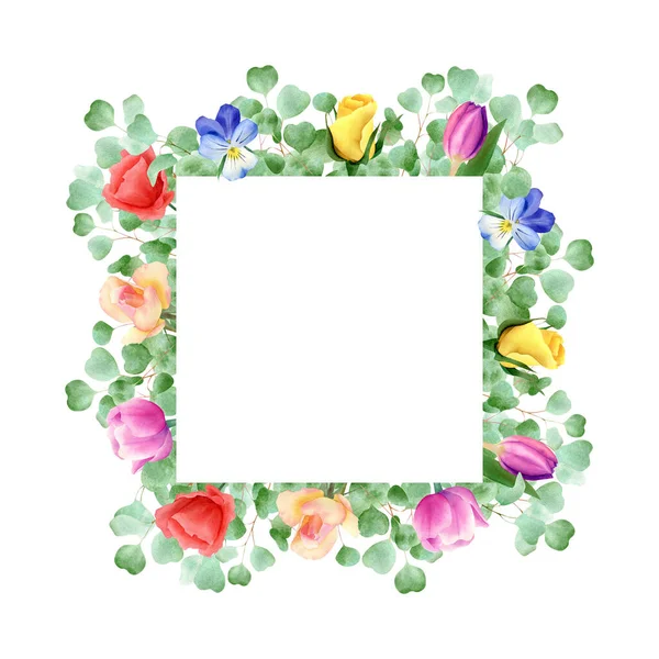 Square frame with roses, tulips, poppy, pansy, eucalyptus leaves. Floral border illustration with green plant and flowers