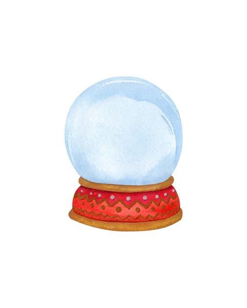 Empty snow globe. Watercolor illustration with bright red snow globe with gold ornamet