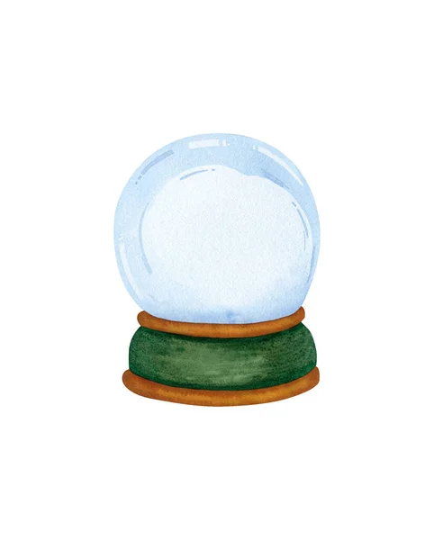 Empty snow globe. Watercolor illustration with green snow ball for souvenirs design and christmas decor