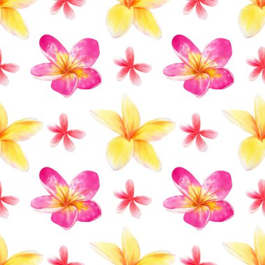 Tropik çiçek deseni. Açık sarı, turuncu, pembe çok renkli tropikal çiçeklerle suluboya desenli.