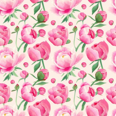 Kusursuz şakayık deseni. Pembe şakayık çiçekli suluboya çizimler, tomurcuk, taç yaprakları, dallar