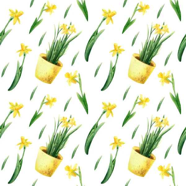 Цветы Нарциссов Акварель Бесшовный Узор Ботанической Иллюстрацией Желтого Яркого Цветка — стоковое фото